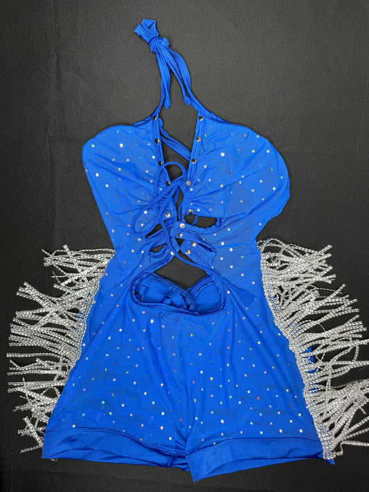 Royal Blue Mesh/Stretch Fabric Chrome Fringe Romper