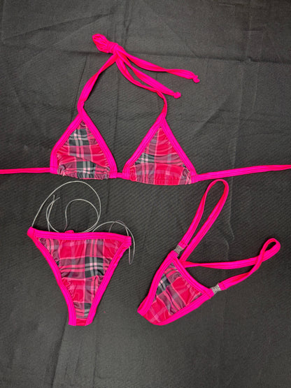 Hot Pink Plaid Spandex Bikini Top/Skirt/Silicone String Bottoms School Girl Outfit