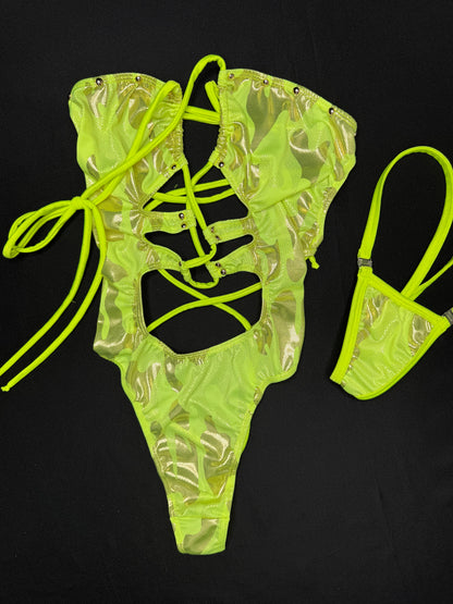 Yellow Spandex One-Piece Lingerie Outfit