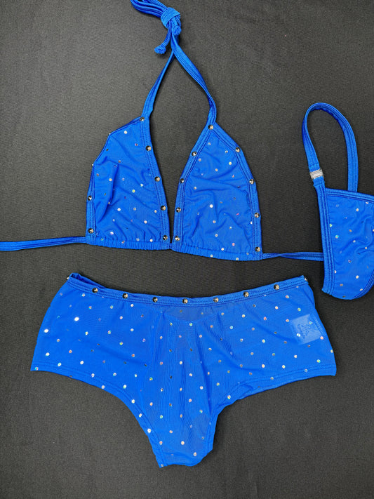 Royal Blue Mesh Bikini/Shorts Two-Piece Lingerie Outfit