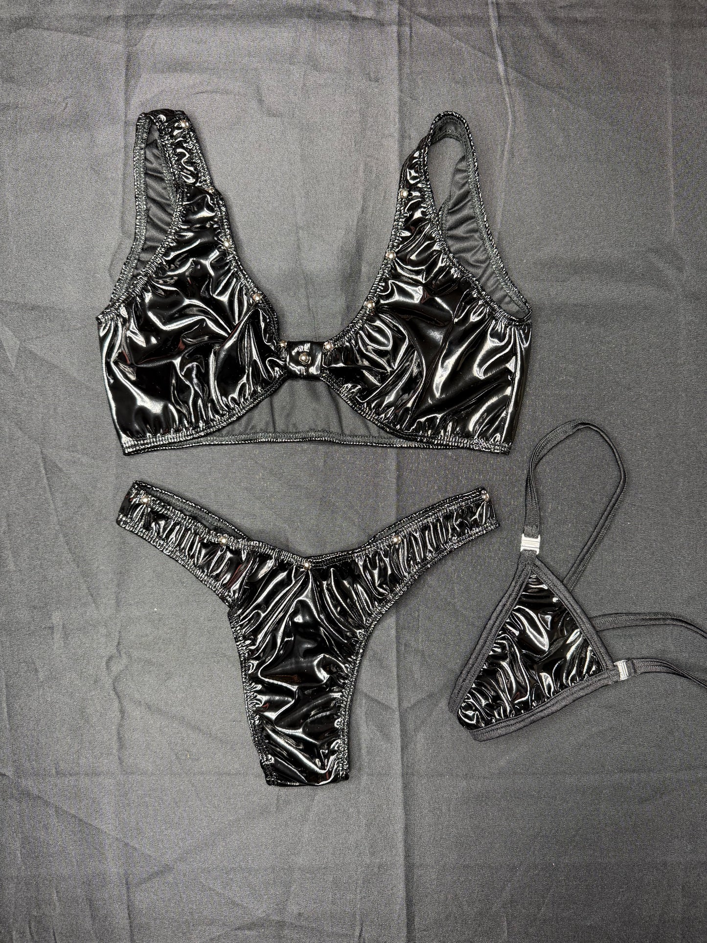 Black Latex Sports Bra/Cheeky Thong Two-Piece Lingerie Outfit