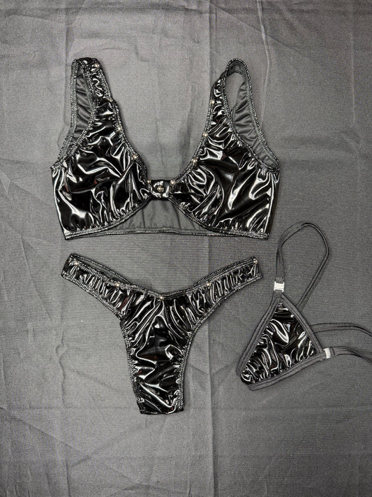 Black Latex Sports Bra/Cheeky Thong Two-Piece Lingerie Outfit