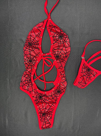 Metallic Red Web One-Piece Lingerie Outfit