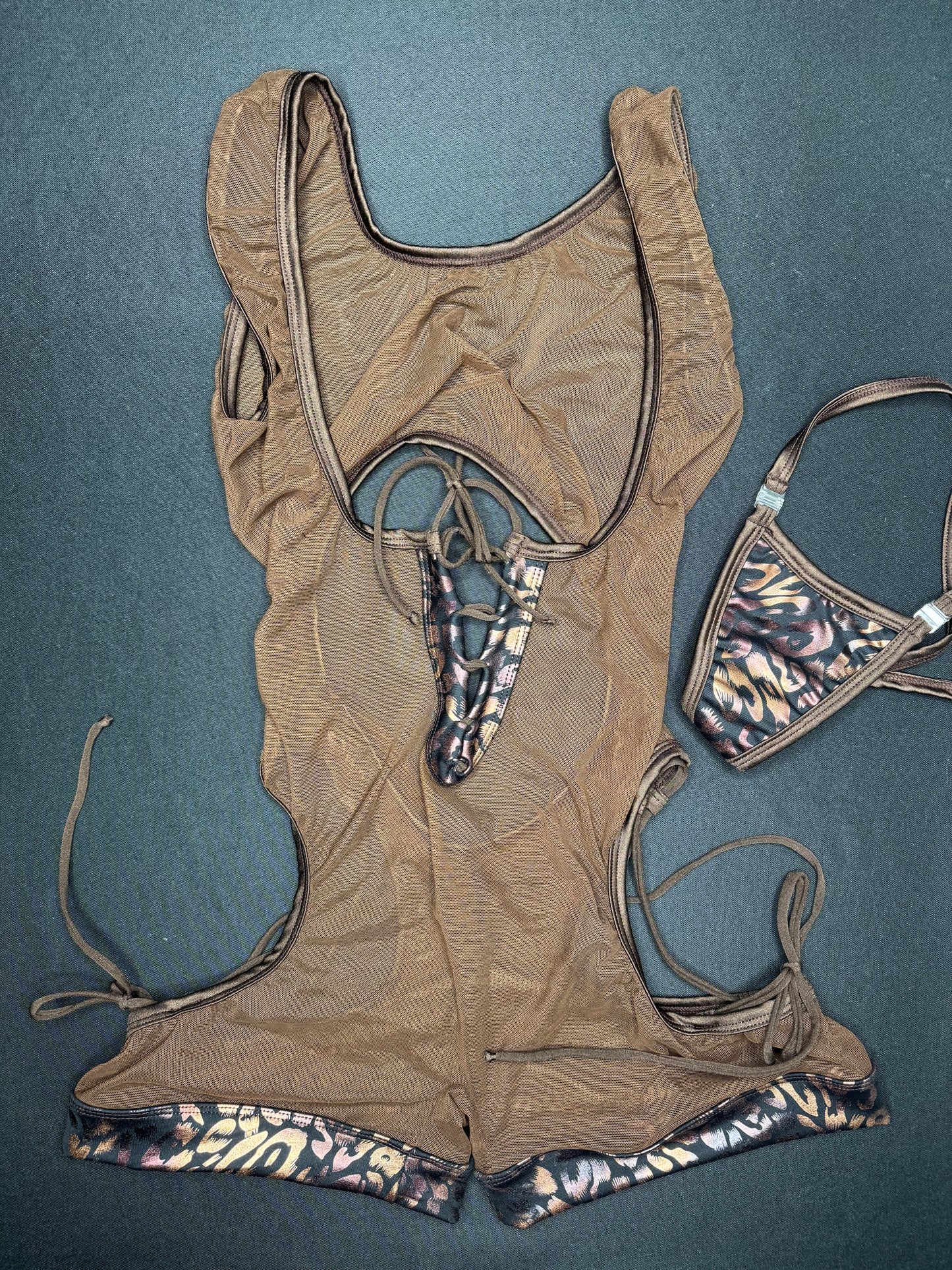 Chocolate Mesh/Cheetah Animal Print One-Piece Sleeveless Romper/Bikini Top Lingerie Outfit