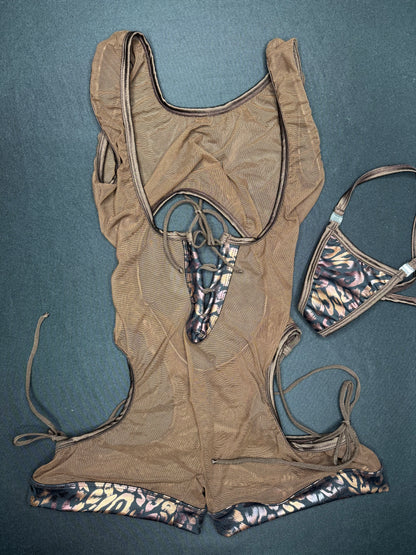 Chocolate Mesh/Cheetah Animal Print One-Piece Sleeveless Romper/Bikini Top Lingerie Outfit