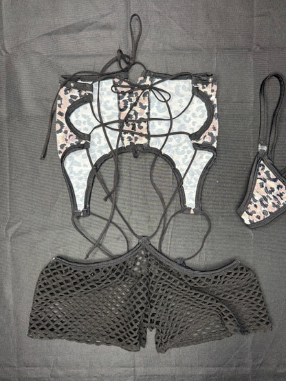 Animal Print/Black Spandex One-Piece Lingerie Outfit