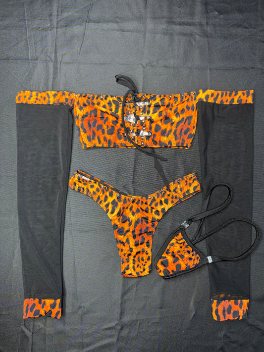 Tiger Animal Print Spandex/Mesh Long Sleeve Tube Top/Cheeky Thong Two-Piece Lingerie Outfit