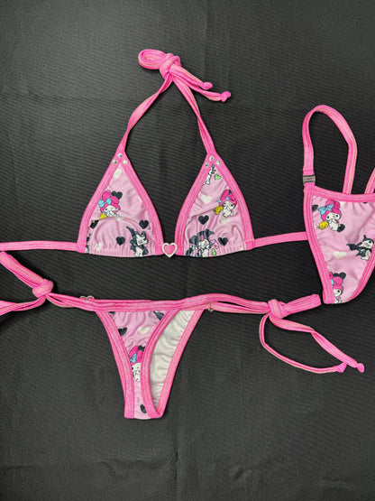 Hot Pink/Baby Pink Kuromi Two-Piece Side-Tie Bikini Lingerie Outfit