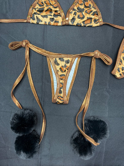 Cheetah Animal Print/Copper Spandex Pom Pom Two-Piece Bikini Outfit