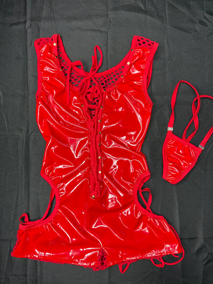 Red Latex One-Piece Lingerie Outfit
