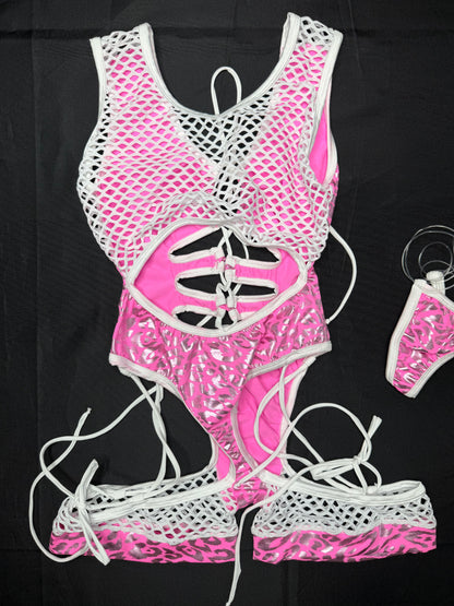 Pink Animal Print/White Fishnet Spandex Romper Lingerie Outfit