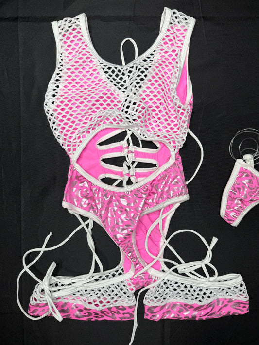 Pink Animal Print/White Fishnet Spandex Romper Lingerie Outfit
