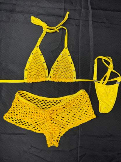Bright Sunflower Yellow Fishnet Bikini Top/Shorts Two-Piece Lingerie Outfit