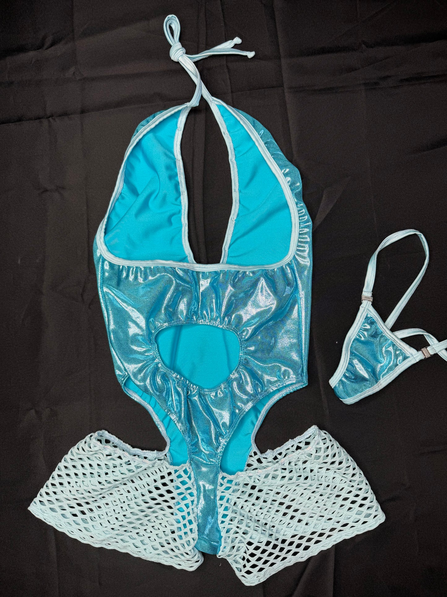 Baby Blue/Baby Blue Fishnet One-Piece Lingerie Outfit