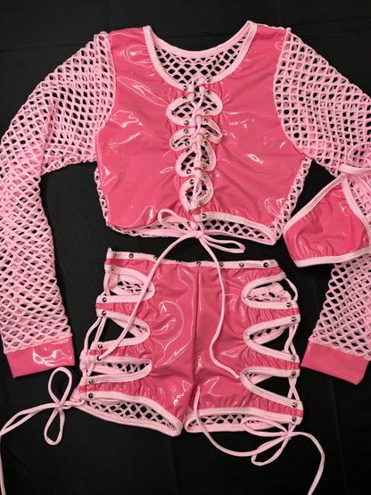 Hot Pink Latex/Baby Pink Fishnet Two-Piece Exotic Dancer Outfit