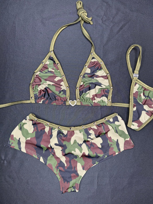 Camouflage/OD Green Spandex Two-Piece Bikini Top/Shorts Lingerie Outfit