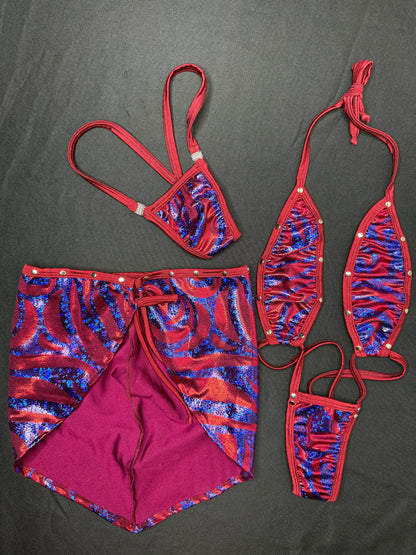 Burgundy/Blue Spandex Sling-Shot/Skirt Three Piece Lingerie Outfit