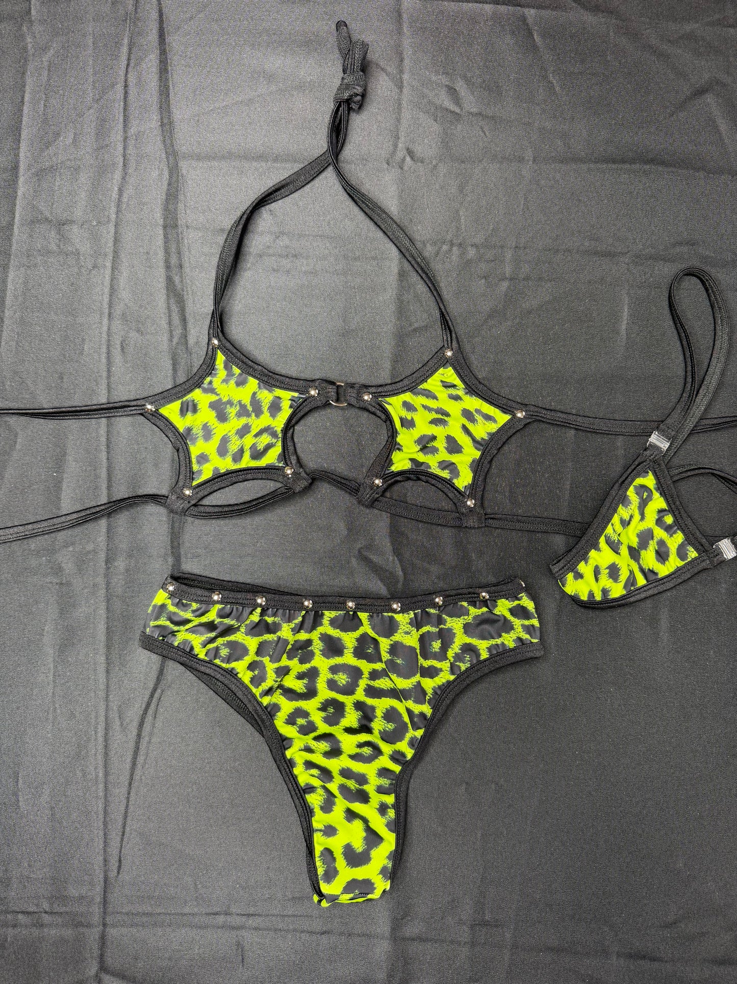 Neon Green Leopard Animal Print Star-Top/Shorts Two-Piece Lingerie Outfit
