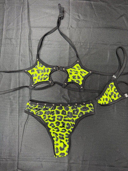 Neon Green Leopard Animal Print Star-Top/Shorts Two-Piece Lingerie Outfit