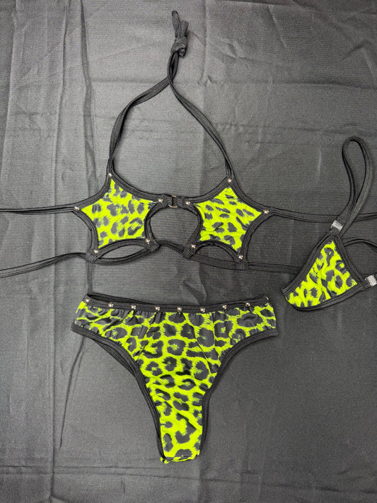 Neon Green Leopard Animal Print Star-Top/Shorts Two-Piece Lingerie Outfit