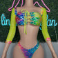 Rainbow Fish Animal Print Spandex/Neon Yellow Mesh Two-Piece Lingerie Outfit