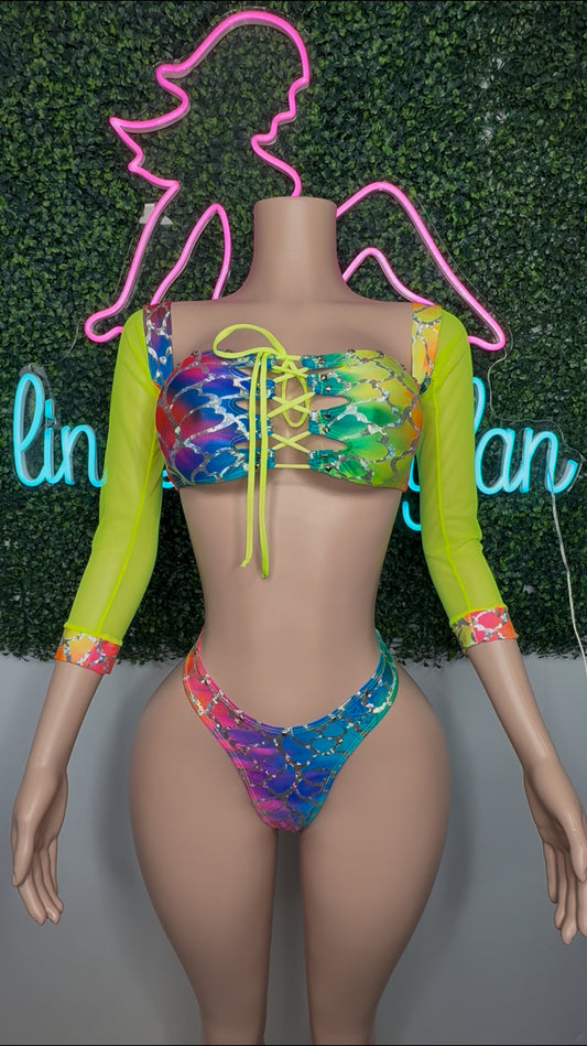 Rainbow Fish Animal Print Spandex/Neon Yellow Mesh Two-Piece Lingerie Outfit