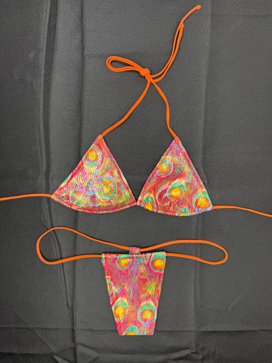 Peacock Print Spandex Two-Piece Micro Bikini Lingerie Outfit