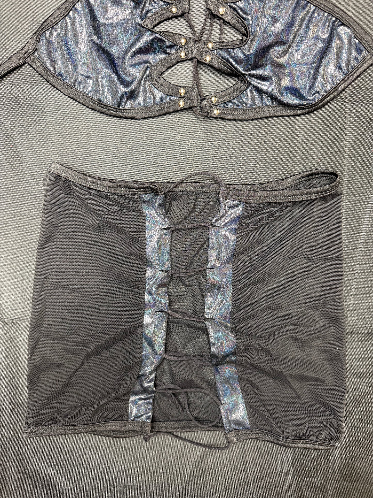 Metallic Black/Black Mesh Bikini Top/Thong & Skirt Three-Piece Lingerie Outfit