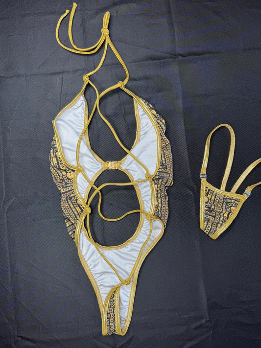Black Designer/Gold Spandex One-Piece Lingerie Outfit