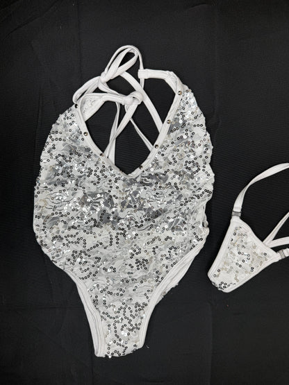 White Lace Sequins One-Piece Lingerie
