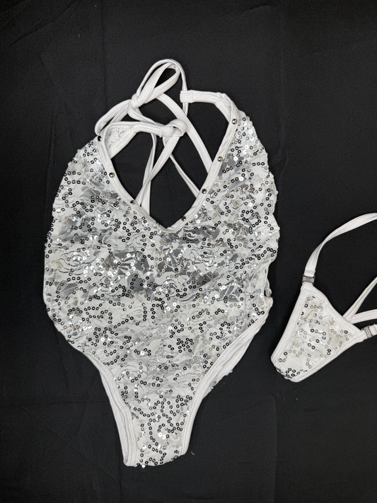 White Lace Sequins One-Piece Lingerie