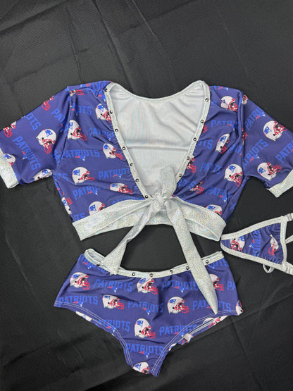 Patriots Print/Silver Spandex Short Sleeve Top/Shorts Two-Piece Lingerie Outfit