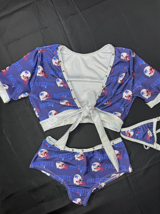 Patriots Print/Silver Spandex Short Sleeve Top/Shorts Two-Piece Lingerie Outfit