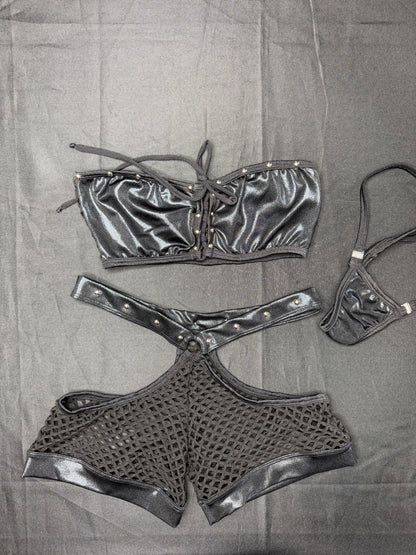 Metallic Black/Black Spandex Tube Top/Shorts Two-Piece Lingerie Outfit