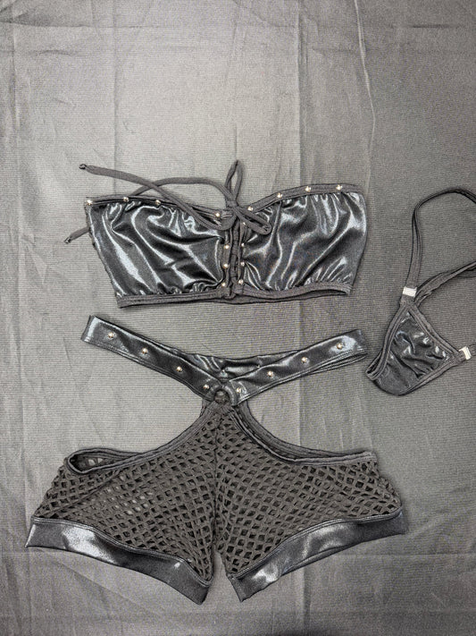 Metallic Black/Black Spandex Tube Top/Shorts Two-Piece Lingerie Outfit