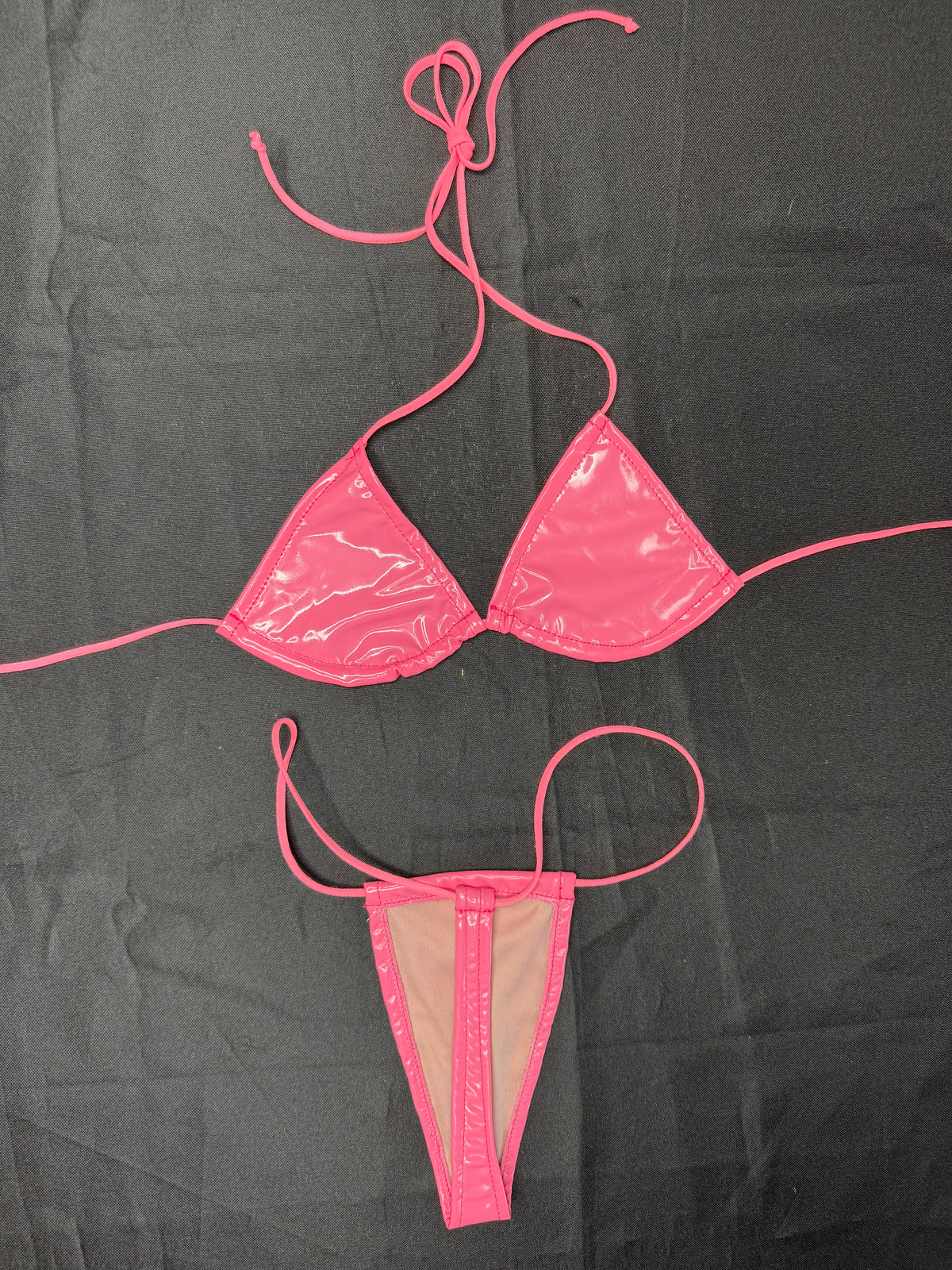 Coral Pink Vinyl Micro Bikini Lingerie Outfit