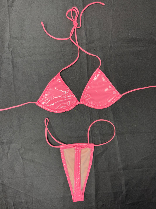 Coral Pink Vinyl Micro Bikini Lingerie Outfit