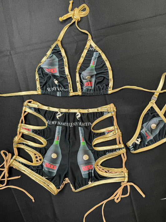 Black/Gold Remy Two-Piece Shorts Lingerie Outfit