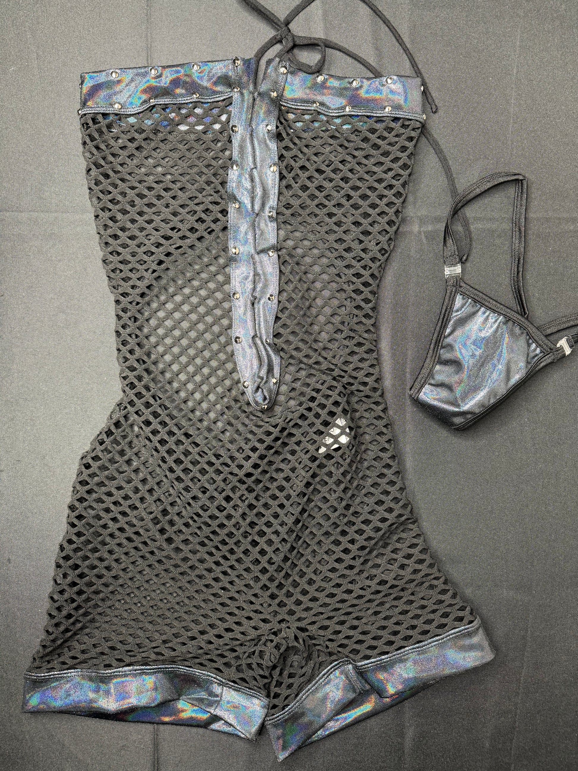 Metallic Black/Black Fishnet One-Piece Exotic Dancer Outfit ...