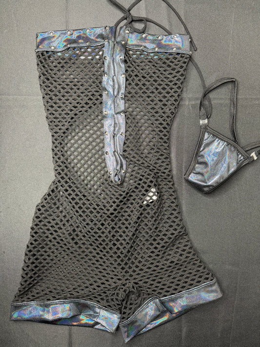 Metallic Black/Black Fishnet One-Piece Exotic Dancer Outfit