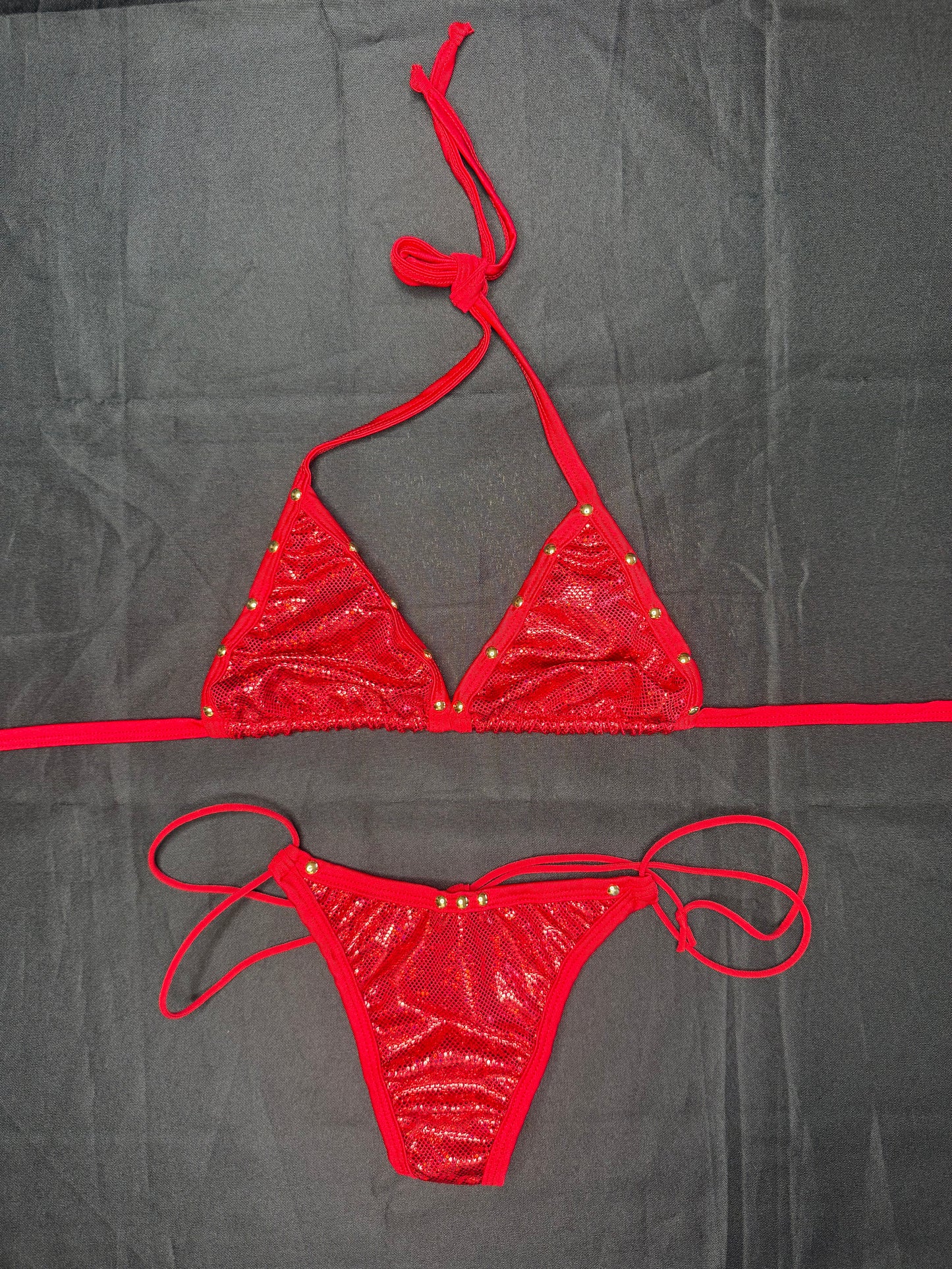 Metallic Red Spandex/Red Mesh Three-Piece Lingerie Outfit
