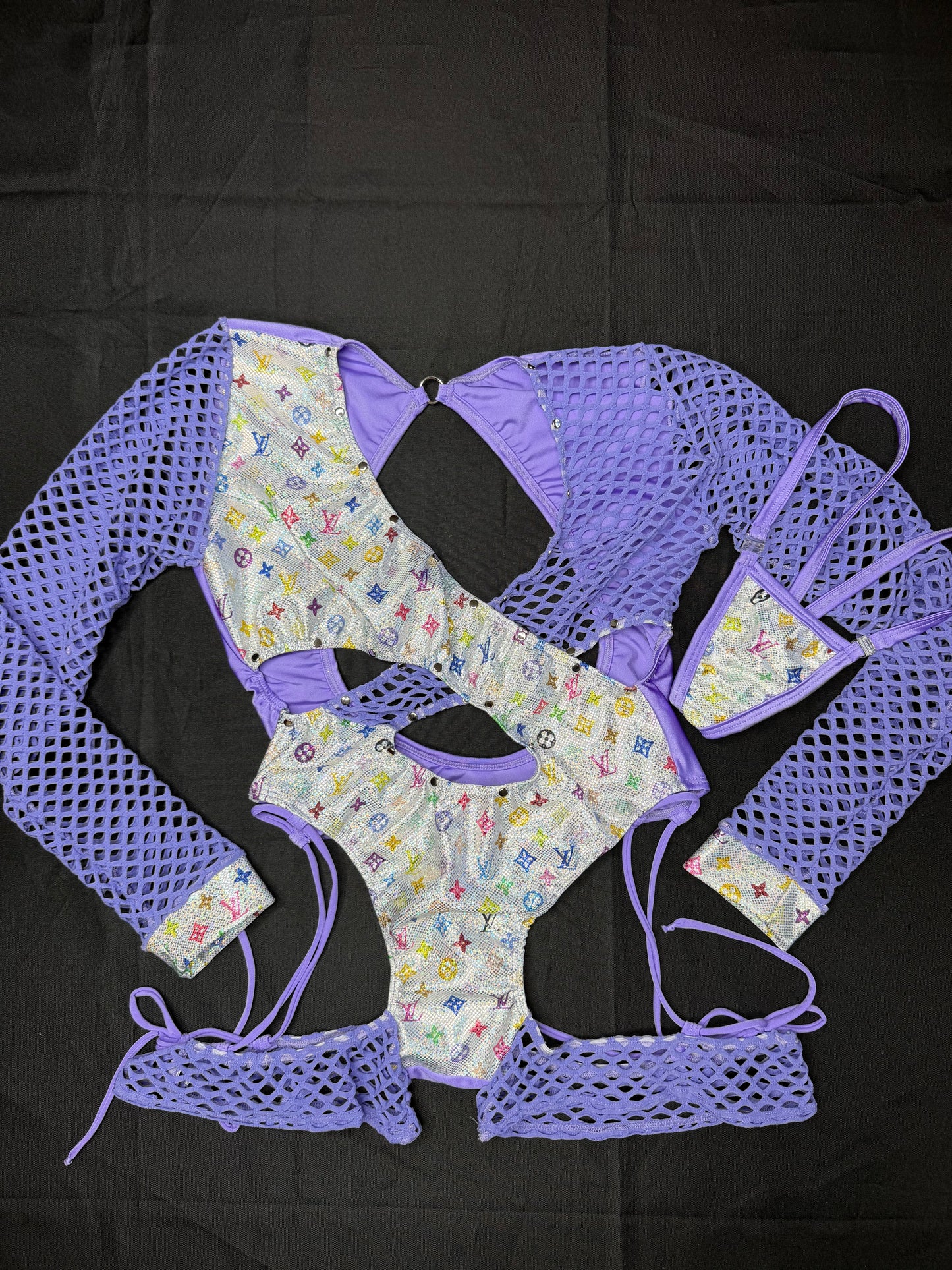 Holographic White Designer/Lavender Spandex Romper Lingerie Outfit