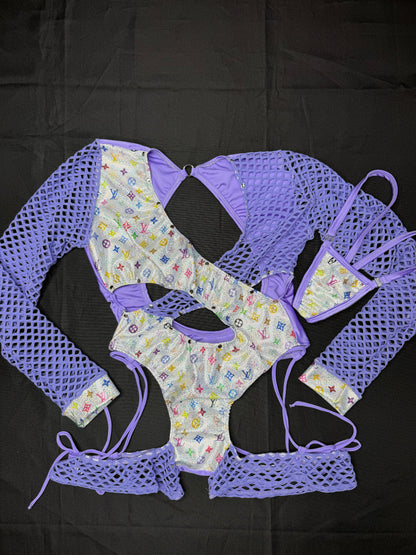 Holographic White Designer/Lavender Spandex Romper Lingerie Outfit