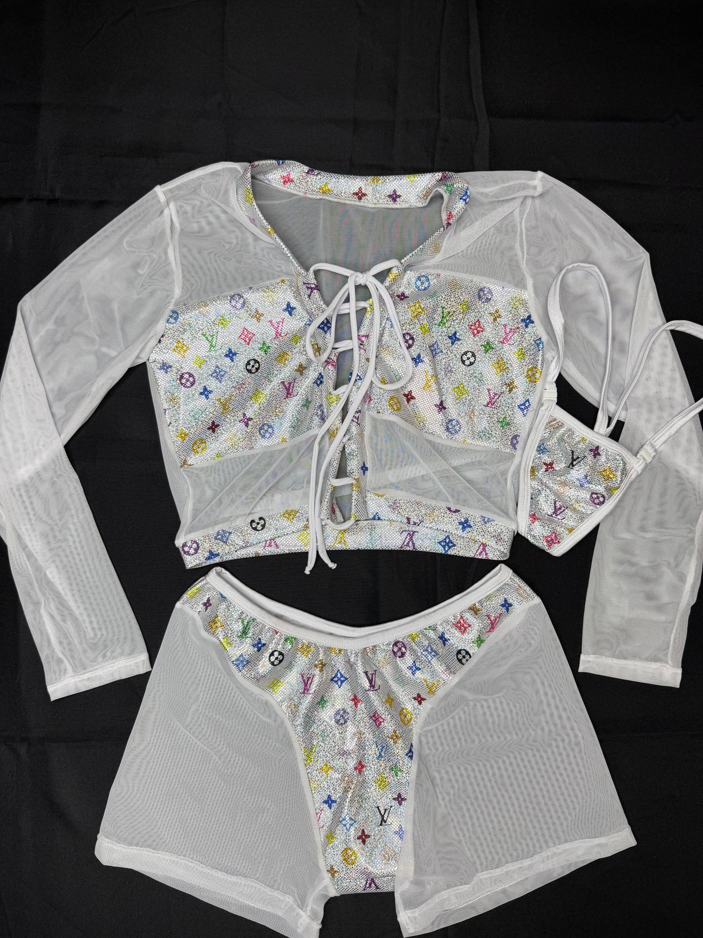White Mesh/White Designer Spandex Two-Piece Lingerie Outfit