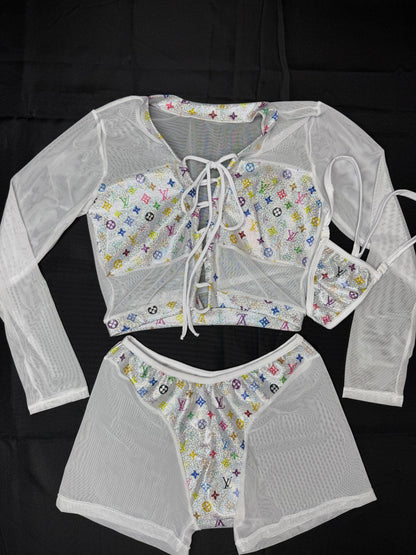 White Mesh/White Designer Spandex Two-Piece Lingerie Outfit