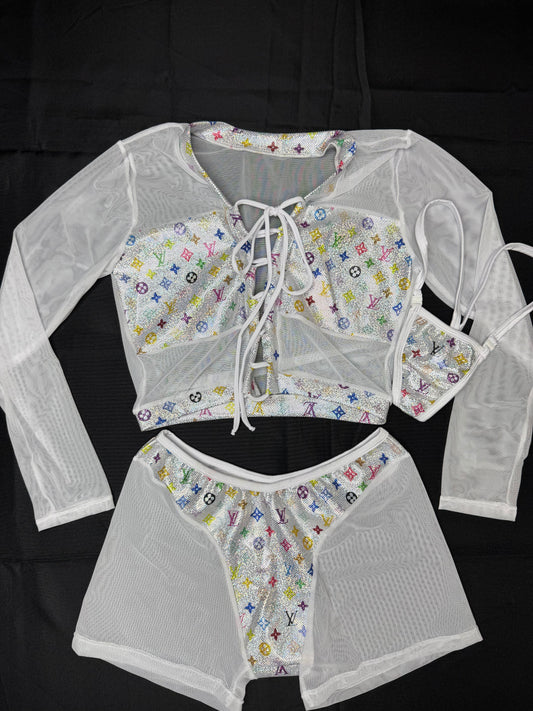 White Mesh/White Designer Spandex Two-Piece Lingerie Outfit