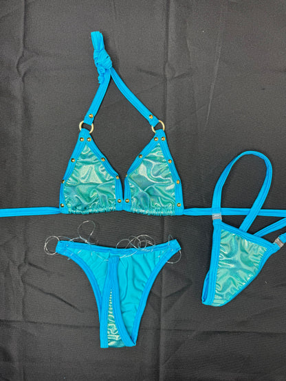 Metallic Baby Blue Spandex Two-Piece Bikini Lingerie Outfit