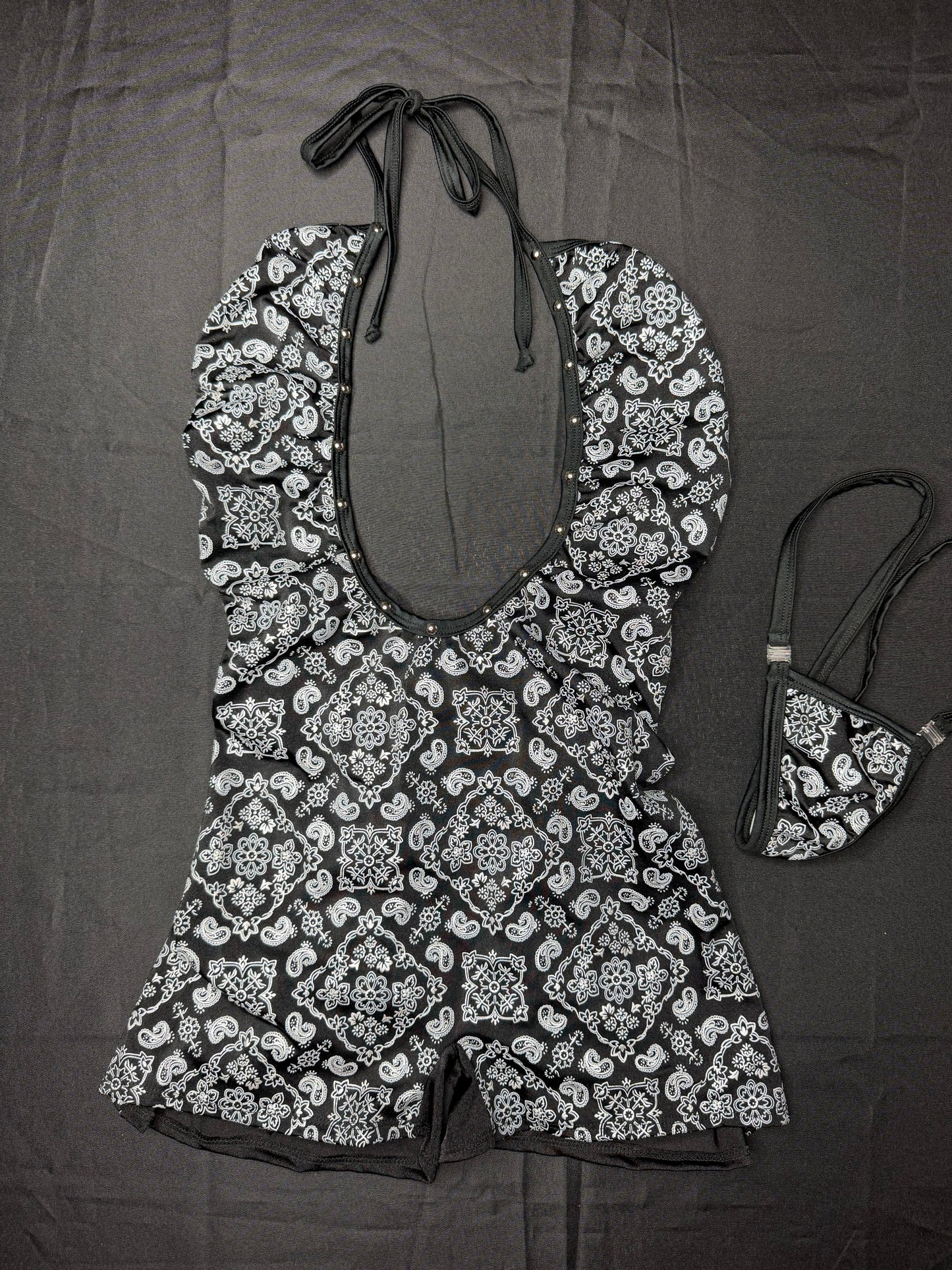 Black Bandana/Black Spandex Ripped Back One-Piece Lingerie Outfit