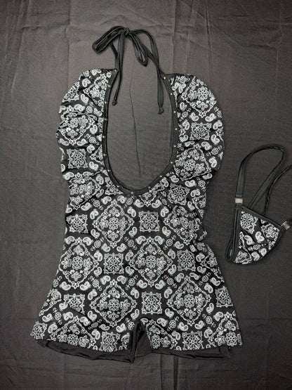 Black Bandana/Black Spandex Ripped Back One-Piece Lingerie Outfit