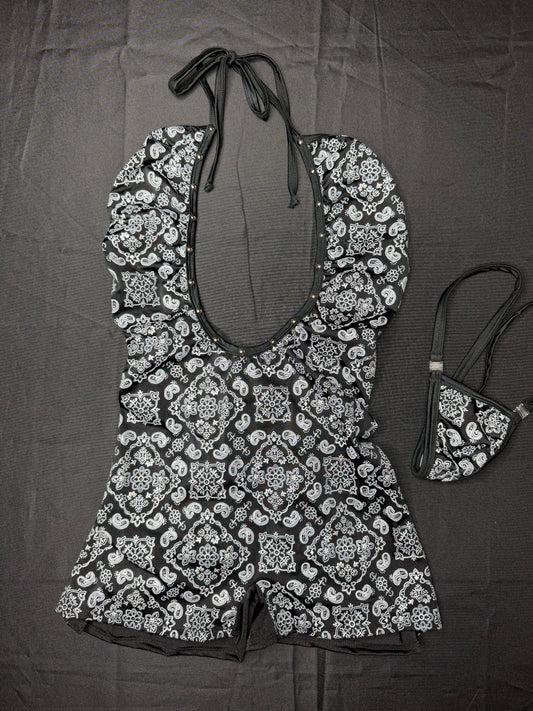 Black Bandana/Black Spandex Ripped Back One-Piece Lingerie Outfit